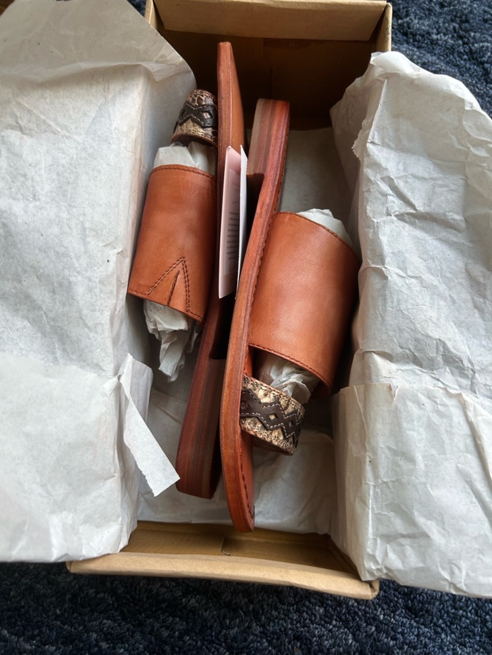Free People Cognac Leather Slide Mules sandals with Embroidered Strap Size 8 - Picture 6 of 6